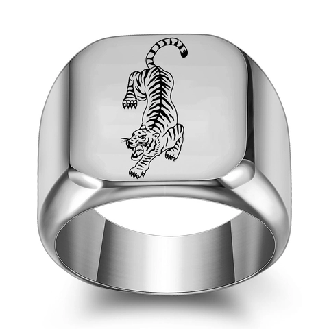 Vintage Men's Stainless Steel Signet Ring Engraved Tiger Pattern Punk Square Band Fashion Ring Jewelry For Boys Men