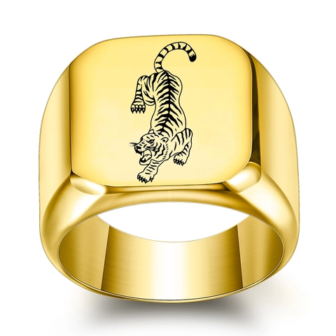 Vintage Men's Stainless Steel Signet Ring Engraved Tiger Pattern Punk Square Band Fashion Ring Jewelry For Boys Men