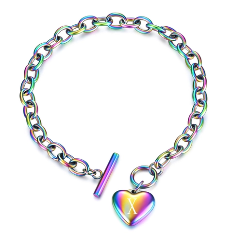Stainless Steel Rainbow Heart Alphabet Bracelet For Women Iridescent Letter Pendant OT Buckle Jewelry Accessory Gift