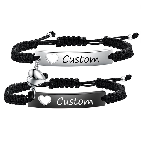 Magnetic Heart Couple Bracelet Stainless Steel Engraved Braided Rope Bracelet For Lovers Matching Jewelry Gift