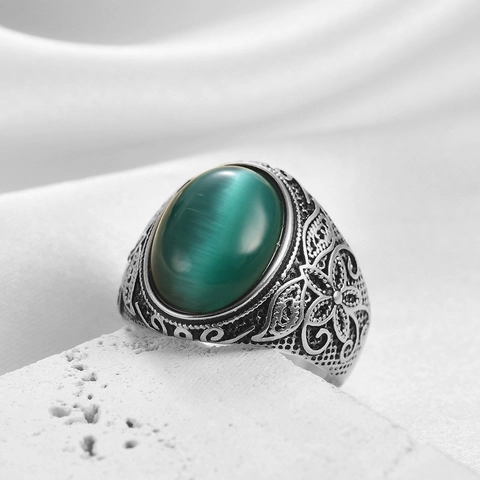 Anillo de Hombre Vintage de Acero Inoxidable 304 Piedra de Ojo de Gato Artificial Incrustado Boho Tallado Floral Punk Joyería