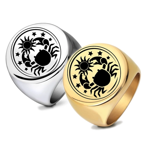 Vintage 304 Edelstahl Krebs Sternzeichen Siegelring Für Herren Laser Graviert Krabbe Sonne Stern Rund Retro Mode Fingerring Schmuck