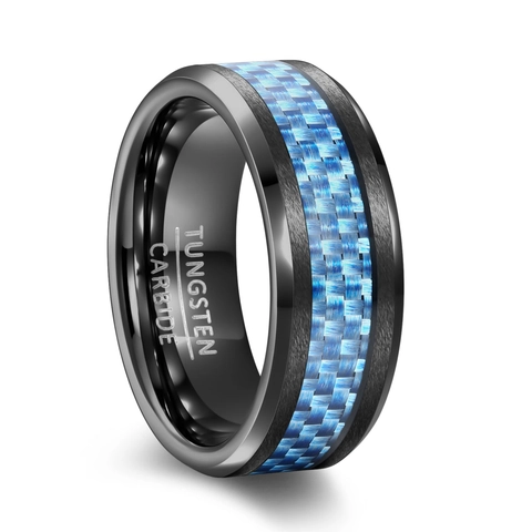Tungsten Carbide Ring For Men Blue Black Carbon Fiber Inlay Polished Edge Comfort Fit Band Fashion Jewelry Wedding Anniversary Gift