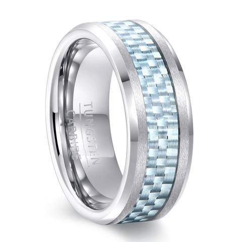 Tungsten Carbide Ring For Men Blue Black Carbon Fiber Inlay Polished Edge Comfort Fit Band Fashion Jewelry Wedding Anniversary Gift