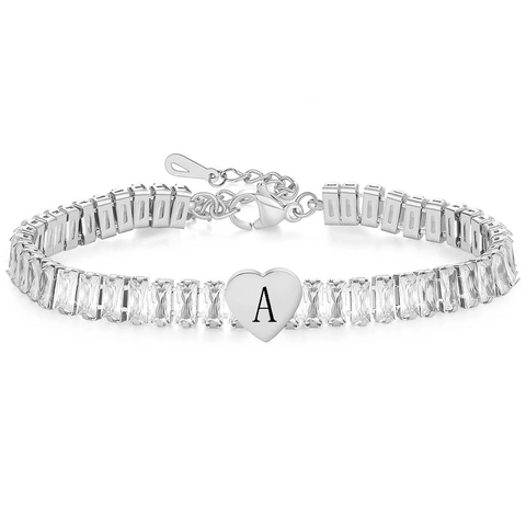 Dames Roestvrij Staal Baguette Geslepen Zirkonia Tennis Armband Gepersonaliseerde Hart Initiaal Alfabet Letter Bedelarmband Verstelbare Sieraden Cadeau