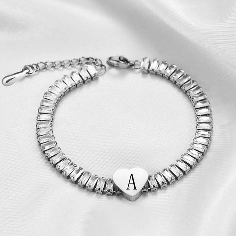 Dames Roestvrij Staal Baguette Geslepen Zirkonia Tennis Armband Gepersonaliseerde Hart Initiaal Alfabet Letter Bedelarmband Verstelbare Sieraden Cadeau