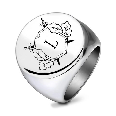 Vintage Stainless Steel Signet Ring for Men Round Engraved Shield Crest Sword Leaf Letter Finger Ring Fashion Jewelry