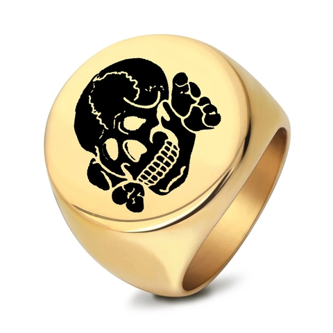 Punk Vintage 304 Stainless Steel Skull Signet Ring Men Gothic Laser Engraved Round Mirror Polished Biker Finger Ring Jewelry
