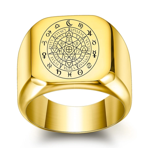 Vintage 304 Stainless Steel Square Signet Ring For Men Astrology Twelve Zodiac Alchemy Magic Circle Pattern Laser Engraved Finger Ring