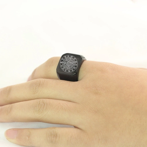 Vintage 304 Stainless Steel Square Signet Ring For Men Astrology Twelve Zodiac Alchemy Magic Circle Pattern Laser Engraved Finger Ring