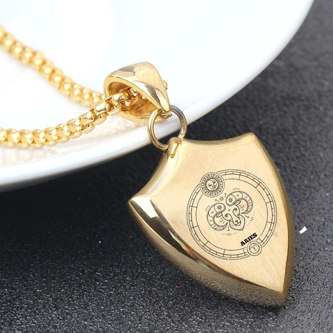 304 Stainless Steel Shield Zodiac Constellation Pendant Necklace Polished Gold Steel Plated Unisex Zodiac Jewelry Gift