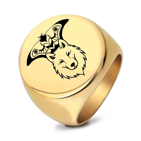 Vintage Punk Wolf Head Moth Signet Ring 304 Stainless Steel Electroplated Circular Finger Ring For Men Gothic Jewelry Gift