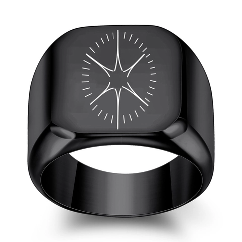 Men Modern 304 Stainless Steel 18MM Square Signet Ring Laser Engraved Star Compass Pattern Smooth Electroplated Fashion Jewelry