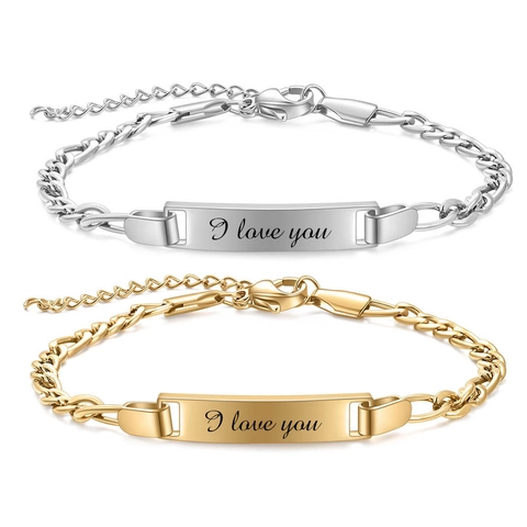 Stainless Steel I Love You Engraved ID Bar Bracelet For Kids Adjustable Figaro Chain Fashion Children Jewelry Gift