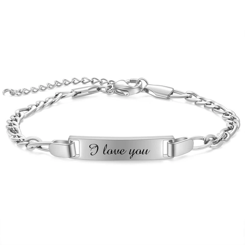 Stainless Steel I Love You Engraved ID Bar Bracelet For Kids Adjustable Figaro Chain Fashion Children Jewelry Gift