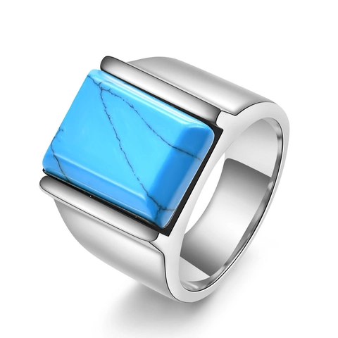 Vintage Stainless Steel Ring For Men Square Geometric Inlaid Turquoise Blue Goldstone Black Onyx Wide Band Fashion Jewelry