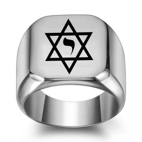 Vintage 304 Stainless Steel Star Of David Signet Ring Laser Engraved Hebrew Character Religious Hexagram Ring Jewelry For Men
