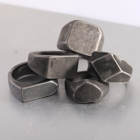 Vintage Stainless Steel Signet Ring For Men Geometric Square Heart Rhombus Pattern Distressed Industrial Style Jewelry