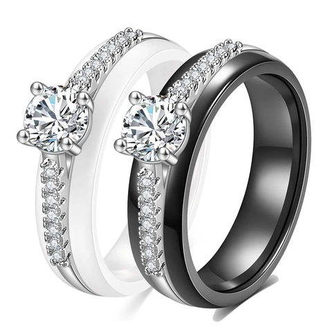 Mode Keramische Ring Voor Vrouwen Met Micro-ingelegde Zirconia Elegante Ronde Hoofdsteen Geometrisch Ontwerp Sieraden Bruiloft Feest Cadeau