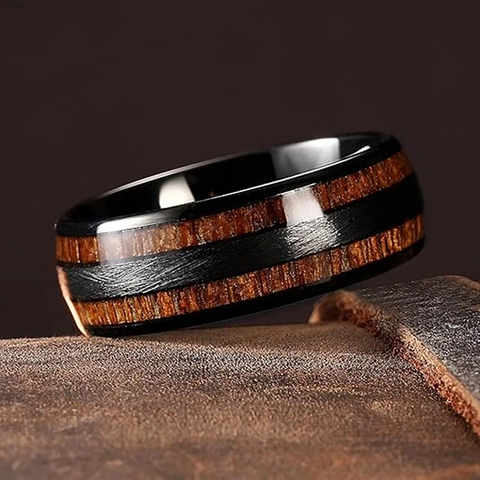 Vintage Stainless Steel Wood Inlay Ring For Men Women Geometric Double Groove Beveled Edge Fashion Finger Ring Jewelry Gift