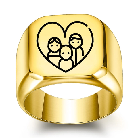 304 Stainless Steel Signet Ring For Men Women Square Laser Engraved Heart Family Pattern Band Ring Fashion Jewelry Gift