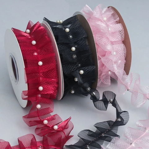 Beaded Ruffle Lace Trim With Faux Artificial Pearls Mesh Organza Ribbon For Lolita Hair Accessories Dress Decoration DIY Sewing Crafts
