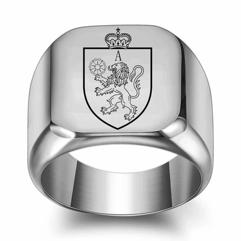 Vintage Punk 304 Stainless Steel Signet Ring For Men Lion Crown Shield Pattern Square Initial Alphabet Letter Finger Ring Jewelry