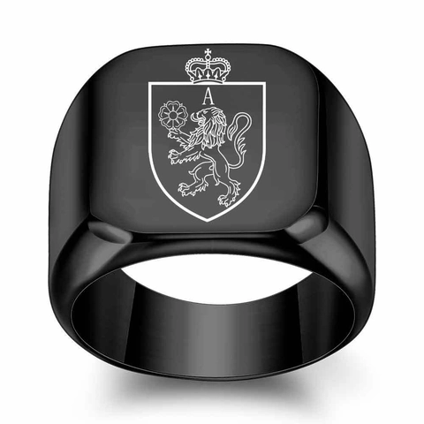 Men Vintage 304 Stainless Steel Signet Ring Black Square Heraldic Crest Ring With Lion Shield Crown Alphabet Letter Initial