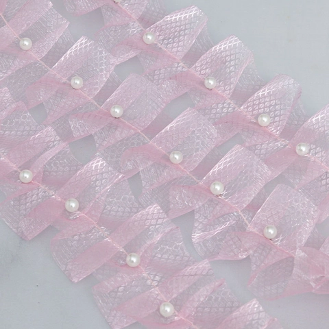 Beaded Ruffle Lace Trim With Faux Artificial Pearls Mesh Organza Ribbon For Lolita Hair Accessories Dress Decoration DIY Sewing Crafts