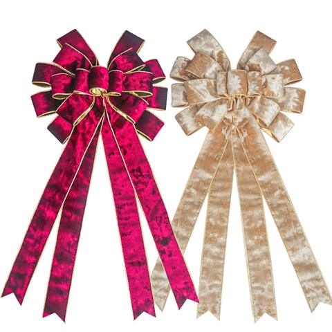 Large Velvet Christmas Bow Gold Edging Ribbon For Tree Decor Gift Wrap Hanging Ornament Festive Background Wall Decoration