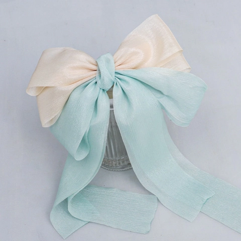 Elegante Grote Dubbellaagse Mesh Strik Haarklem Voor Dames Fairy Style Haaraccessoires Met Lange Linten Polyester Haarspeeld