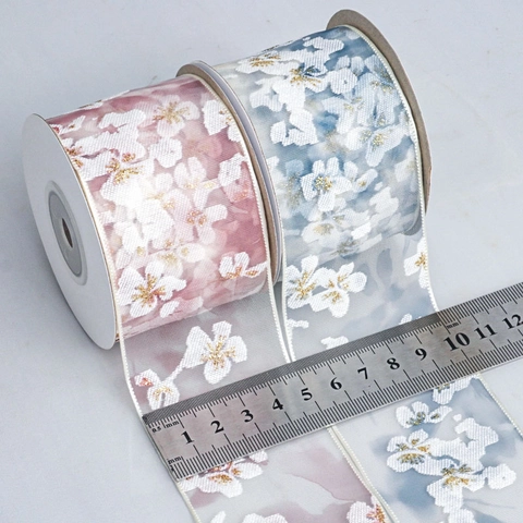 Transparentes Organzaband Mit Kirschblütendruck Und Goldprägung Für DIY Haarschmuck Geschenk Blumenverpackung Dekoratives Band