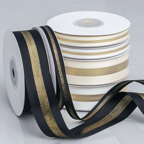 Polyester Grosgrain Ribbon With Gold Metallic Stripe For Gift Wrapping DIY Hair Bows Wedding Party Decoration Floral Ribbon