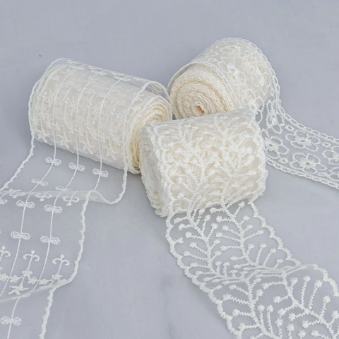 Bestickte Spitzenborte Beige Polyester Blumen Netzband Muschelrand Für DIY Hochzeitskleid Heimdekoration Nähzubehör