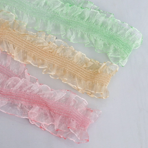 Elastic Ruffled Lace Trim Polyester Organza Ribbon For Dress Sofa Curtain Decoration Multicolor Pleated Lace Ribbon DIY Sewing Craft