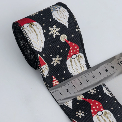 Ruban de Noël à Bord Filaire 6.5cm de Large Aspect Lin avec Motifs Gnomes Père Noël Sapin pour Noeuds DIY Emballage Déco