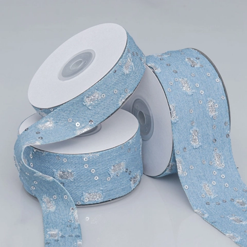 Ruban En Tissu Style Denim Usé Avec Paillettes Argentées Pour Noeuds De Cheveux DIY Emballage Cadeau Garnitures De Vêtements Bleu Clair