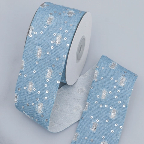 Ruban En Tissu Style Denim Usé Avec Paillettes Argentées Pour Noeuds De Cheveux DIY Emballage Cadeau Garnitures De Vêtements Bleu Clair