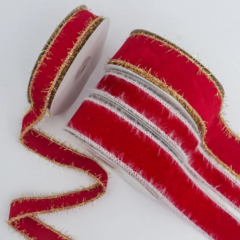 Rotes Samtband Mit Goldenen Metallfransen Oder Weißem Kunstpelzrand Für Weihnachtsbaum Geschenkverpackung DIY Basteln Hausparty Deko