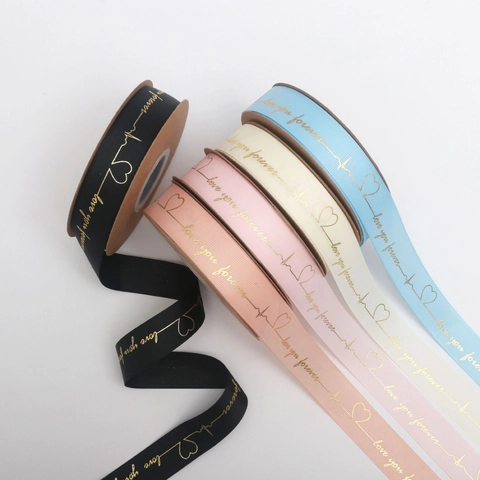 Gold Stamping Grosgrain Ribbon Love You Forever Heart Pattern For DIY Gift Box Wrapping Wedding Valentine Romantic Decor