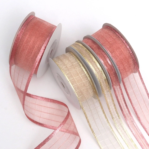 Ruban en Organza de Polyester Style Coréen Bord Métallique Étincelant Sangle Translucide Pour Emballage Cadeau Mariage DIY