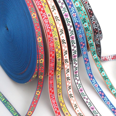 Cinta Jacquard Bordada de Estilo Étnico Ribete de Encaje con Motivos Florales y de Hojas Multicolores para Accesorios de Ropa Embalaje de Regalos DIY