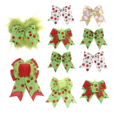Christmas Tree Topper Bow Holiday Decoration Glitter Polka Dot Bowknot For Wreath Party Ornament Green Red Festive Bow