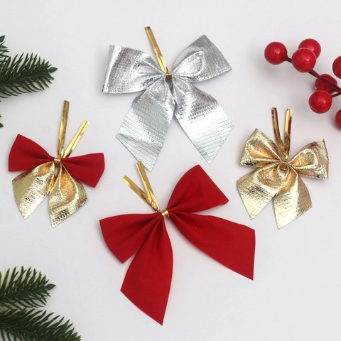 Christmas Decorative Bows With Twist Ties Flocking Metallic Red Gold Silver For Christmas Tree Gift Wrapping Festive Decor