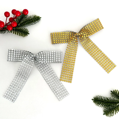 Strass Galvanisierte Hohle Schleife Ornamente Gold Silber Glänzende Schleife Für Weihnachtsbaum Hochzeit Party Home Dekoration