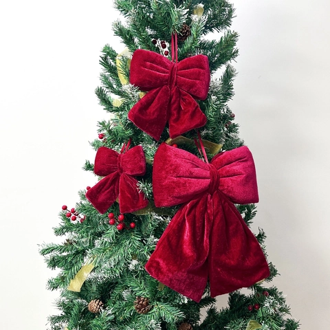Decoración de Lazo de Navidad de Terciopelo Grande Rojo Vino Doble Capa Adorno para Árbol Con Cordón para Fiesta Vacaciones Hogar