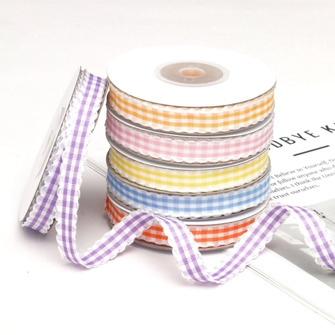 Macaron Plaid Scalloped Ribbon Gingham Ruffle Edge Trim Polyester Fabric Tape For DIY Hair Clips Gift Wrapping Decor