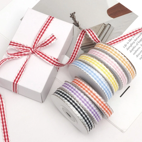 Macaron Plaid Scalloped Ribbon Gingham Ruffle Edge Trim Polyester Fabric Tape For DIY Hair Clips Gift Wrapping Decor