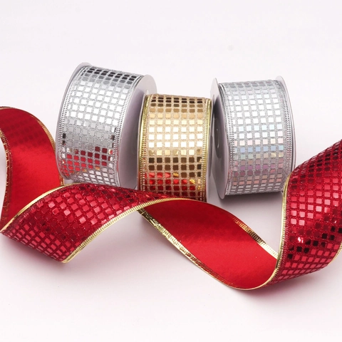 Metallic Glitter Sequin Ribbon Grid Pattern Ribbon Roll For Christmas Wedding Gift Cake Box Wrapping DIY Crafts Supplies