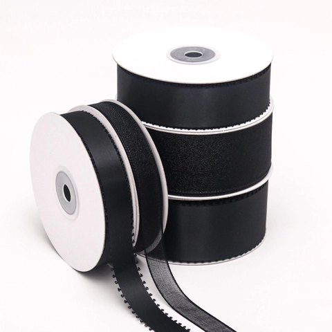 Cinta de Poliéster con Borde Picot Negro Color Sólido Organza Transparente Cinta de Satén para Manualidades DIY Envoltura de Regalos Decoración de Pasteles